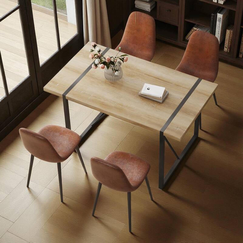 5-Piece Modern Medieval Dining Table Set with 4 Upholstered Chairs, Rustic Industrial Wood Dining Table for Dining Room - Brown