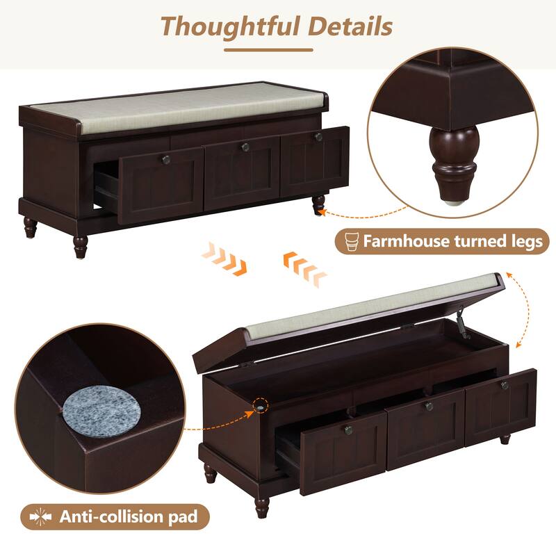 Storage Bench with Cushioned Seat & 3 Drawers, Wooden Entryway Storage Bench, Shoe Bench with Hidden Storage Space