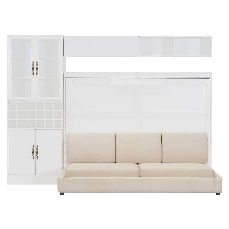 Wood Wall Murphy Bed Frame with Couch, USB and Light, Foldable Wall Platform Bed with All-in-One Storage Cabinet