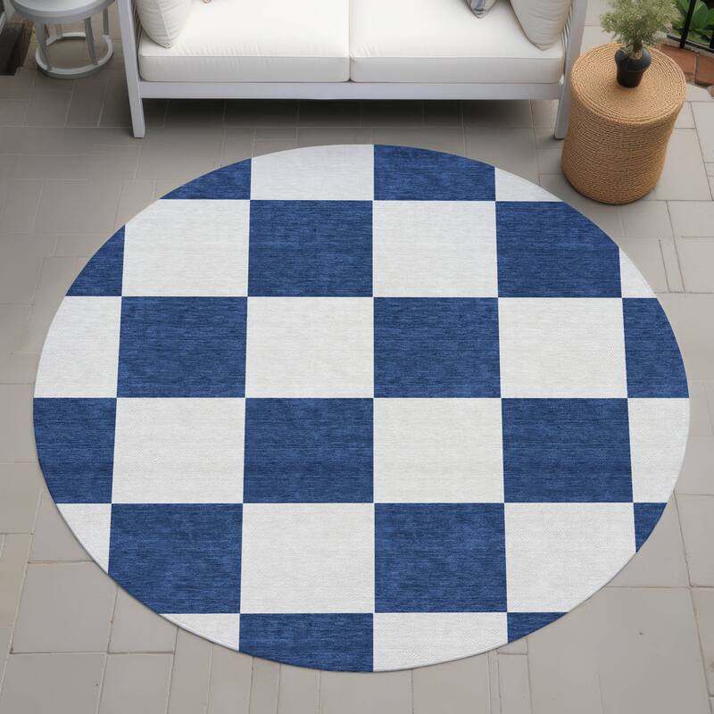 Machine Washable Indoor/ Outdoor Modern Checker Chantille Rug - Navy - 8' x 8'