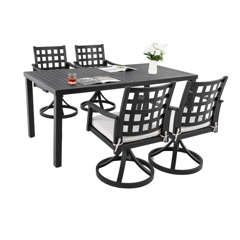 5-Piece Premium Outdoor Dining Set – Modern Rectangular Table & Four Swivel Rock Chairs in Textured Ember Black