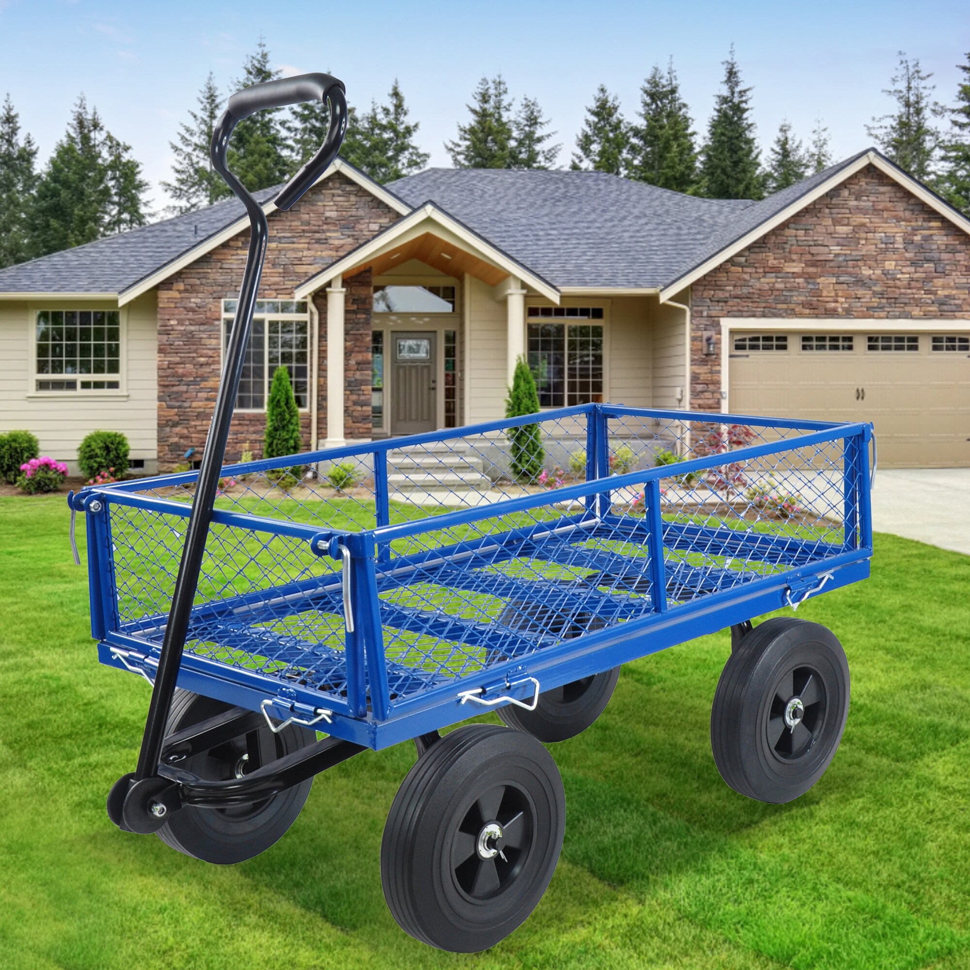 JASIWAY Outdoor Folding Steel Mesh Garden Cart Pullable Wagons Bed