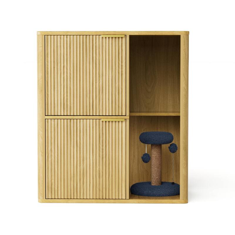 31.5" Walnut Cat Litter Cabinet with Cat Tree, Grooved Concealed Litter Furniture Featuring Dual Cat Doors and Storage Shelves