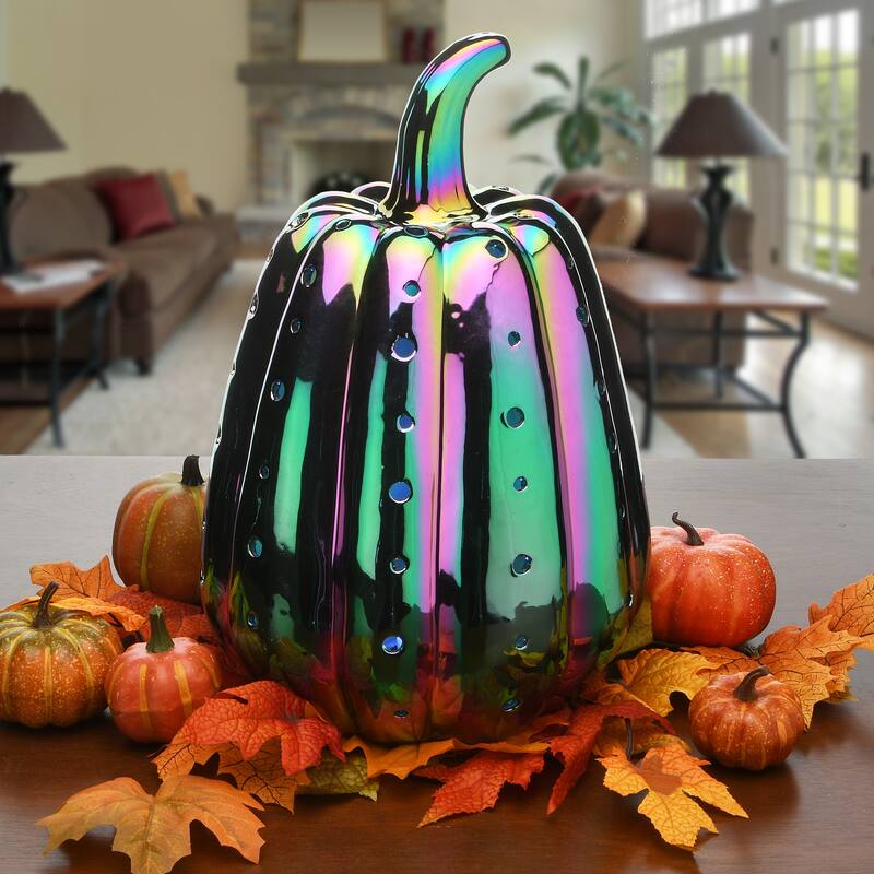 National Tree Company Halloween Pre-Lit Iridescent Pumpkin Decoration, LED Lights, 14 Inches - 14 in