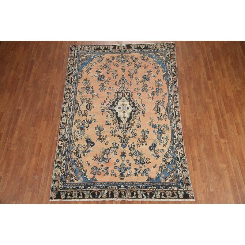 Hand Knotted Oriental 100% Wool Carpet Traditional Floral Peach Hamedan Area Rug - 8' 8'' X 5' 8''