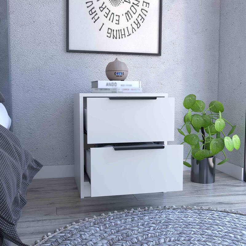 Compact Two-Drawer Nightstand with Metal Handles, White Finish, Space-Saving Design for Bedroom or Living Room