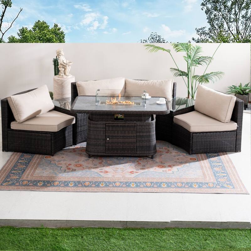 7-Piece Outdoor Patio Furniture Set with Adjustable Propane Fire Pit Table, Wicker Sofa and Tempered Glass Side Tables