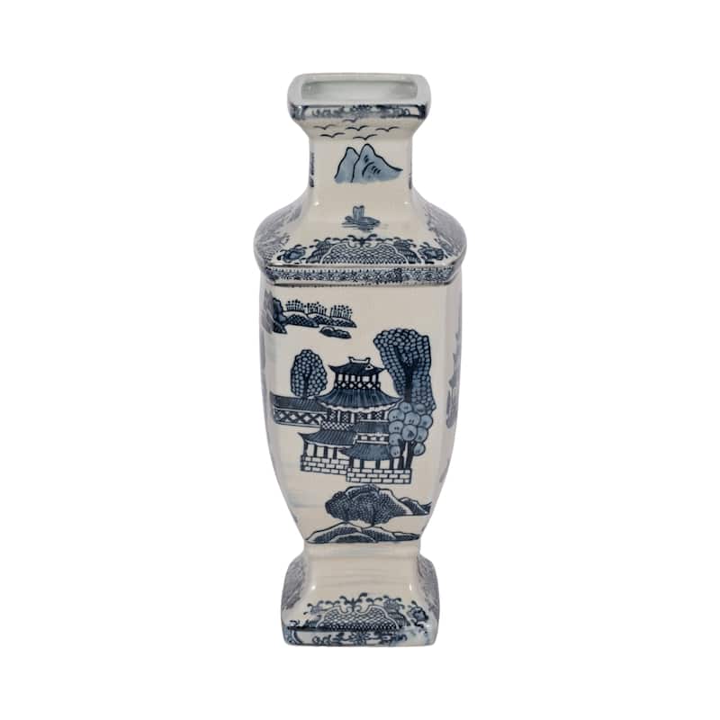 Sagebrook Home Ceramic Vase Contemporary Blue and White Chinoiserie Temple Design Floral Vase