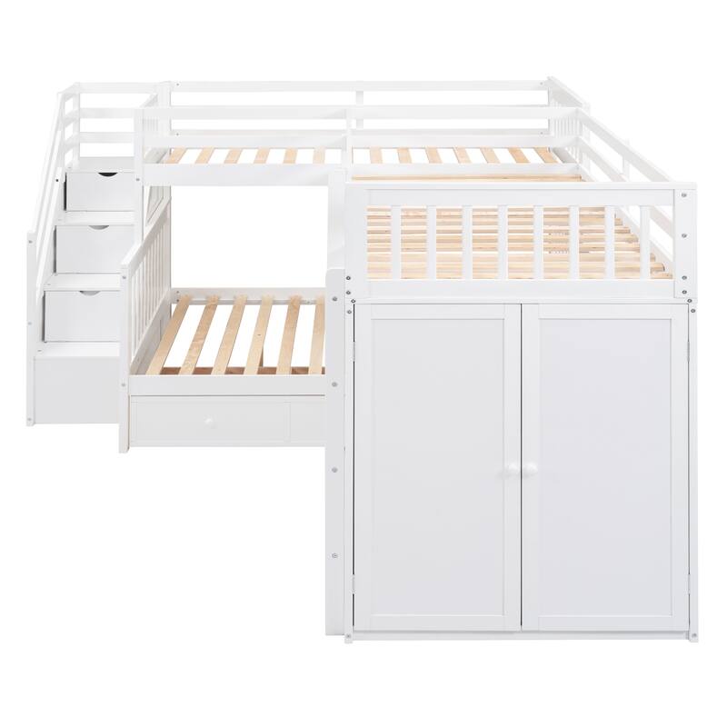 L-Shaped Bunk Bed, Twin-Twin Over Full Wood Bed with Wardrobe, Foldable Desk, Drawers and Shelves