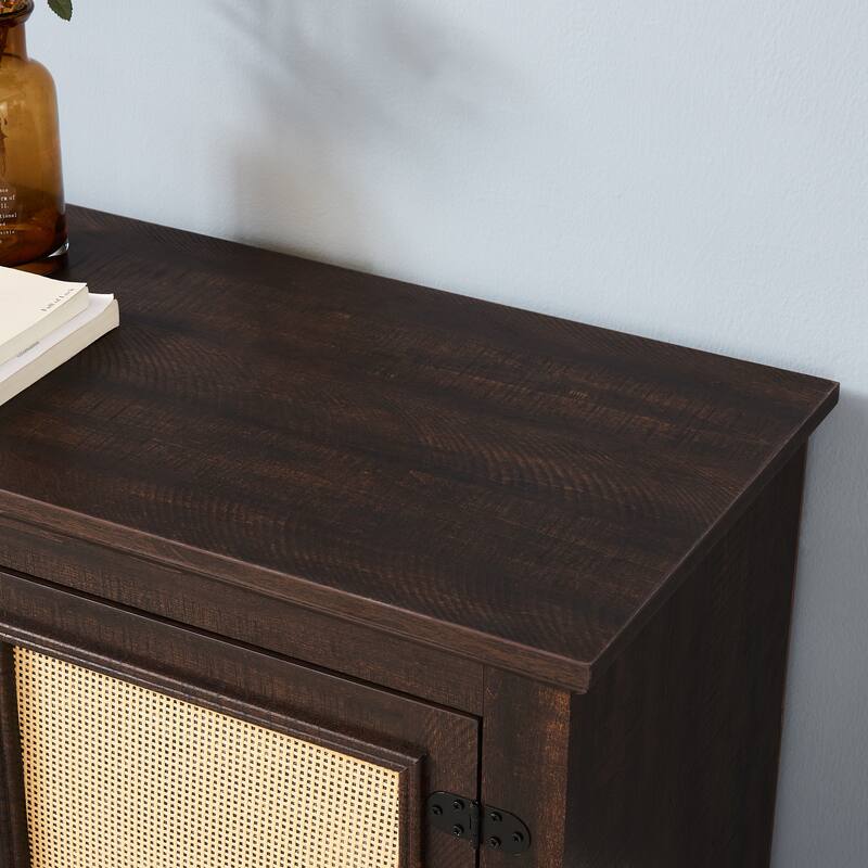 Farmhouse Rattan TV Stand Console Table for TVs up to 70 Inches, TV Console Table with 2 Storage Shelves