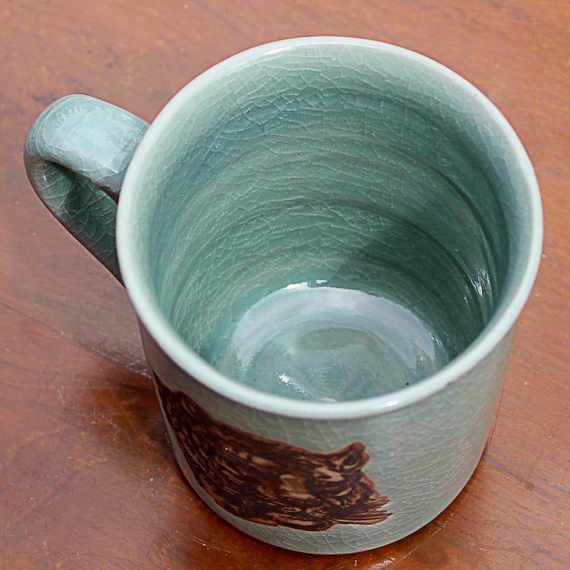 Novica Handmade Tigers Taste Celadon Ceramic Mug