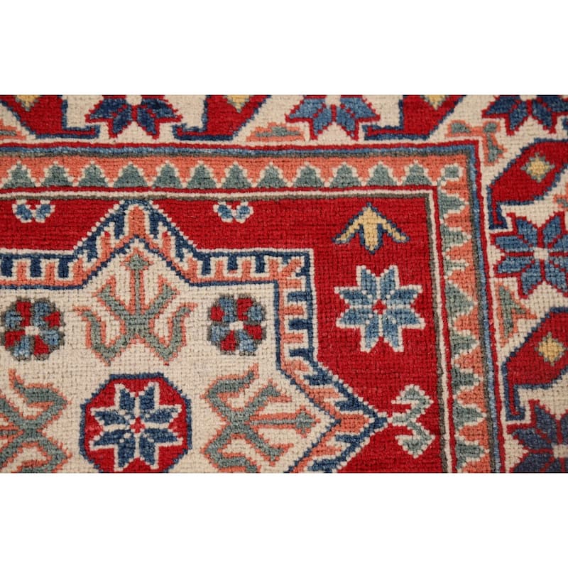 Red Geometric Kazak Oriental Runner Rug Hand-Knotted Wool Carpet - 2'8" x 9'7"