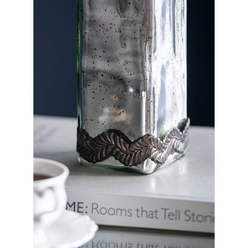 D3x12" Antique Silver Decorative Glass Bottle Vase with Bronze Leaf Accents