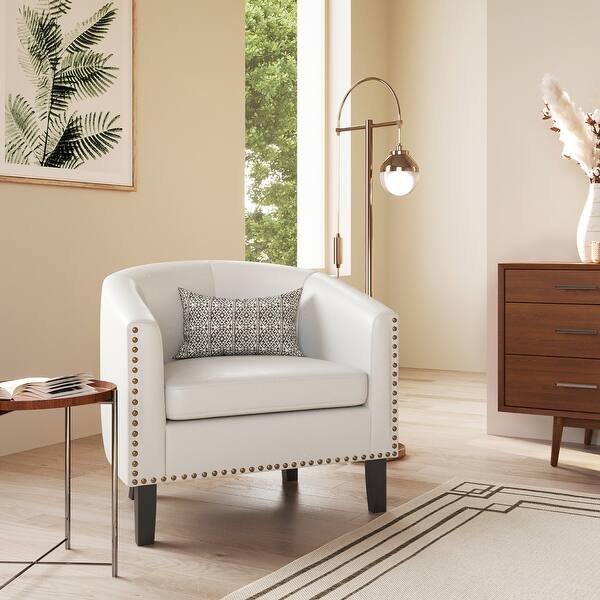 slide 2 of 10, BELLEZE Kyara Accent Barrel Chair with Gold Nail Head Trim Black Legs White-Faux Leather