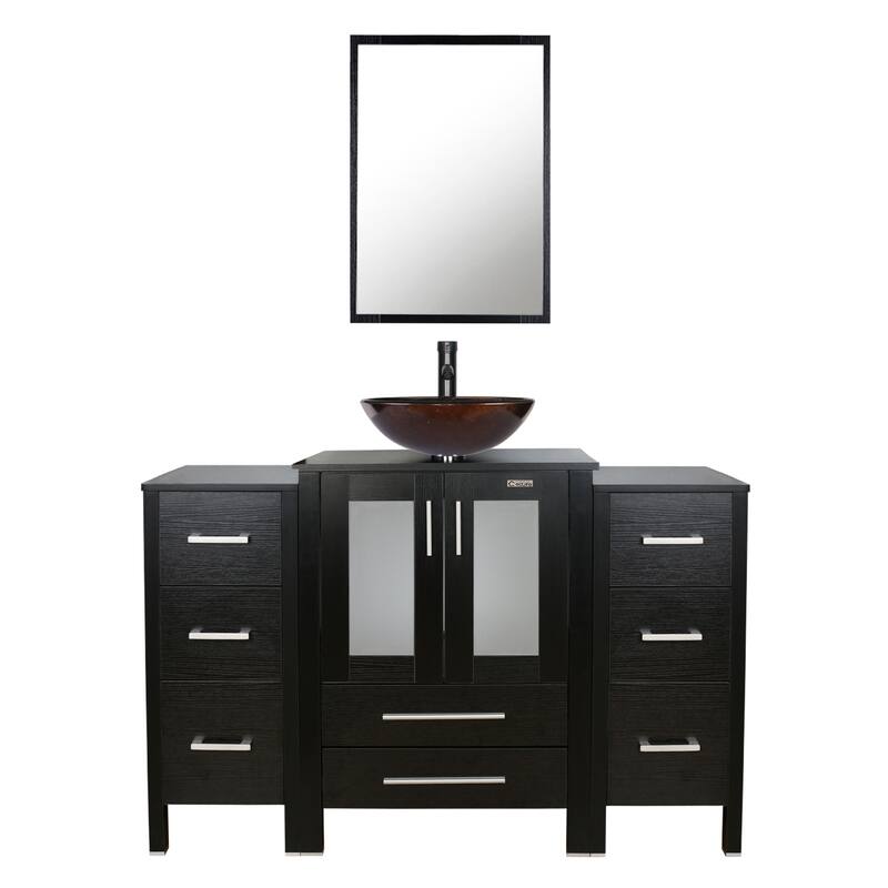 48" Bathroom Vanity Set Vessel Sink Mirror Faucet W/ Small Cabinet Combo - brown round sink - Black