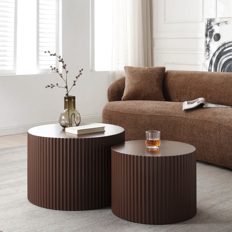 Modern Farmhouse Round Accent Nesting Side Coffee Table Set (Set of 2) - Matte Brown
