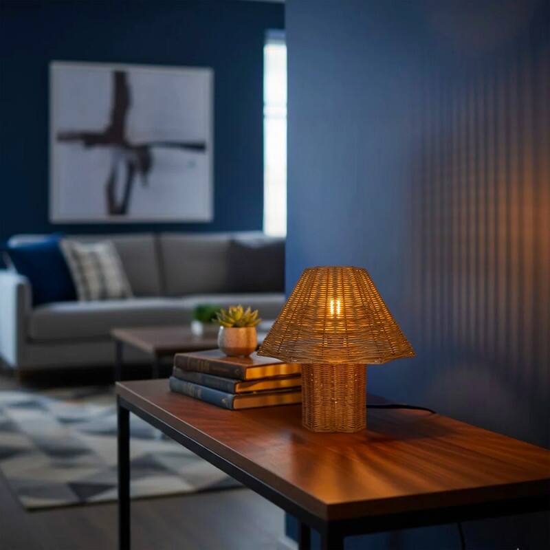 Brightech Leon 13 in. Woven Beige Rattan Mid-Century Coastal LED Bedside Nightstand Desk Lamp with Matching Woven Empire Shade