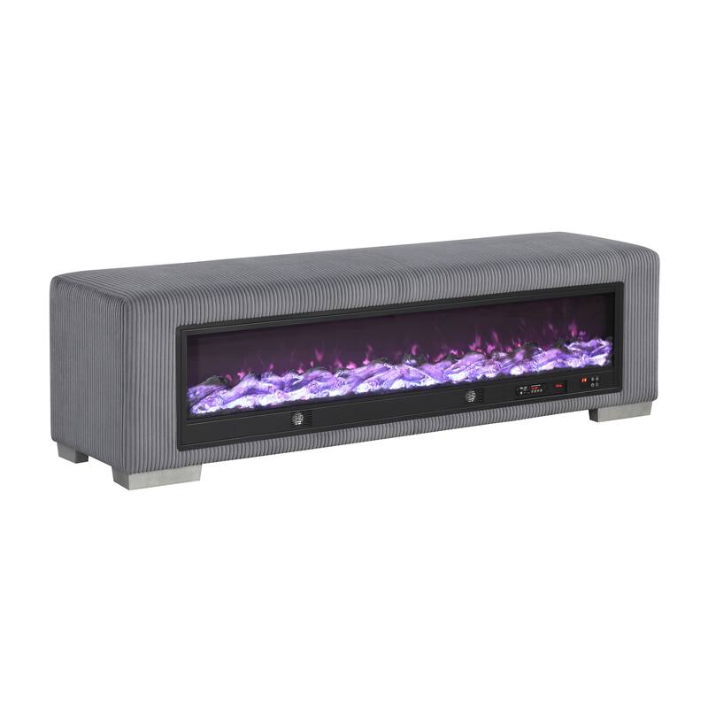 Furniture of America Goffney Chenille Bench with Fireplace Simulator and Bluetooth Audio