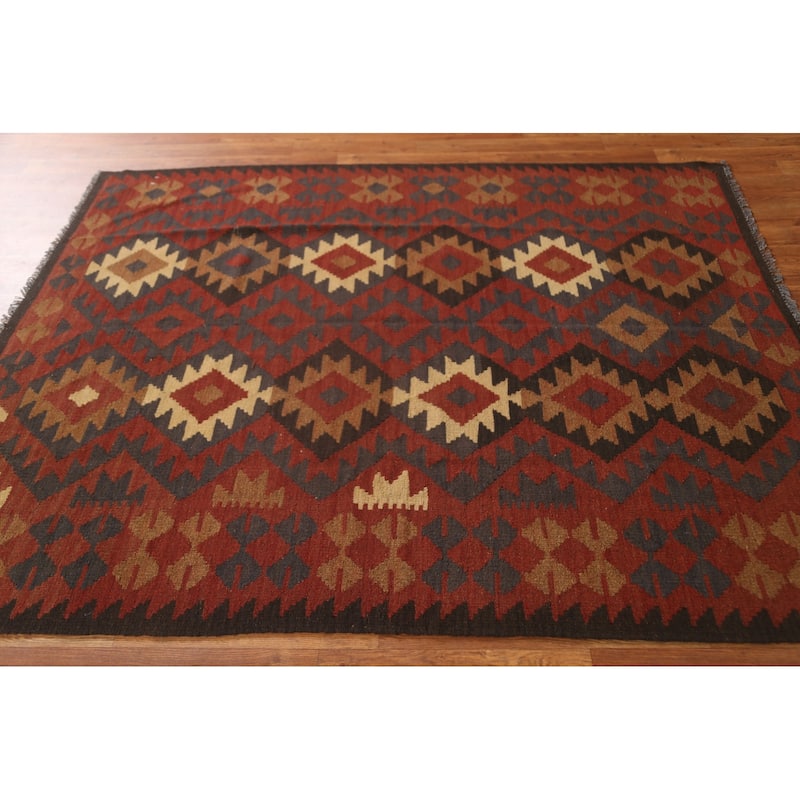 Geometric Tribal Kilim Oriental Area Rug Hand-woven Wool Carpet - 4'11" x 6'3"