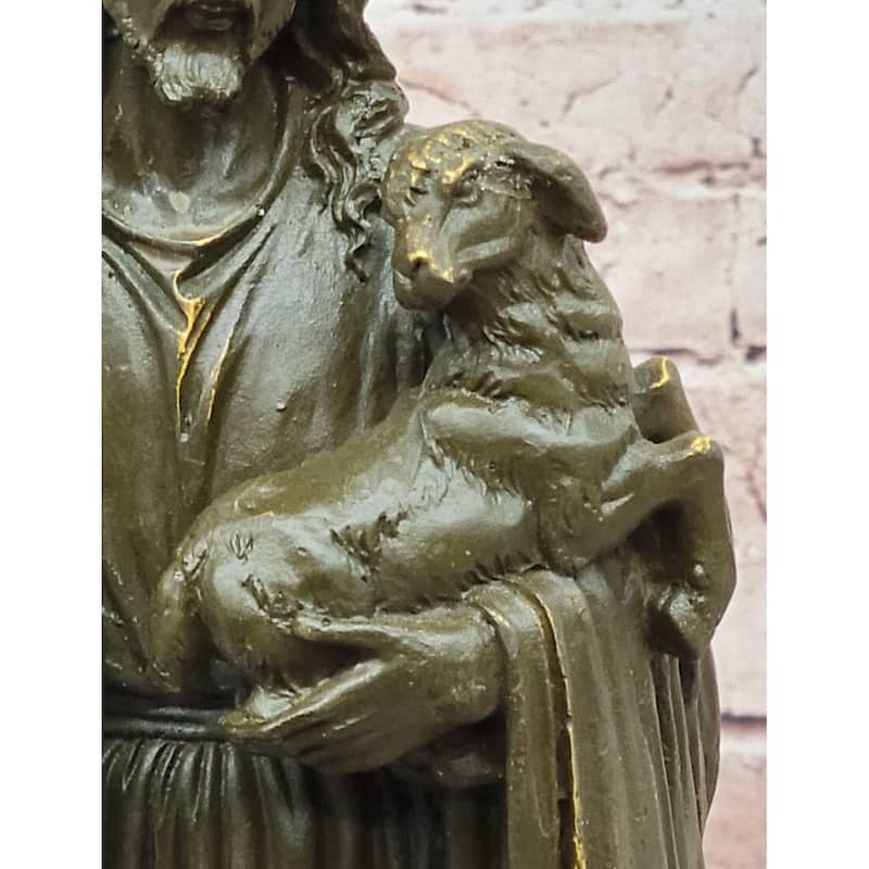Jesus As Shepherd With Lambs Bronze Sculpture - Religious Christian Art