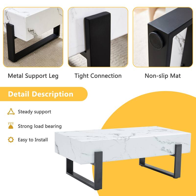 Roomfitters Rectangular MDF Coffee Table with White Marble Top and Black Metal Legs, Minimalist Modern Accent Table, White+Black