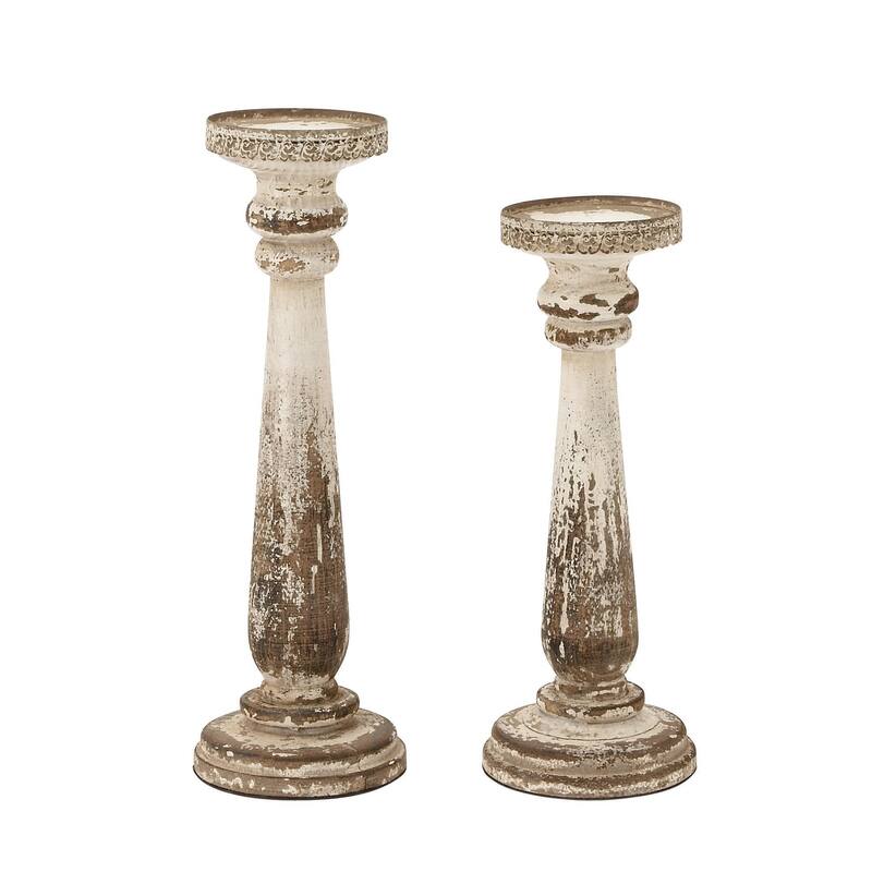 Wood Distressed Pillar Candle Holder - Set of 2 Brown - Roche River Decor