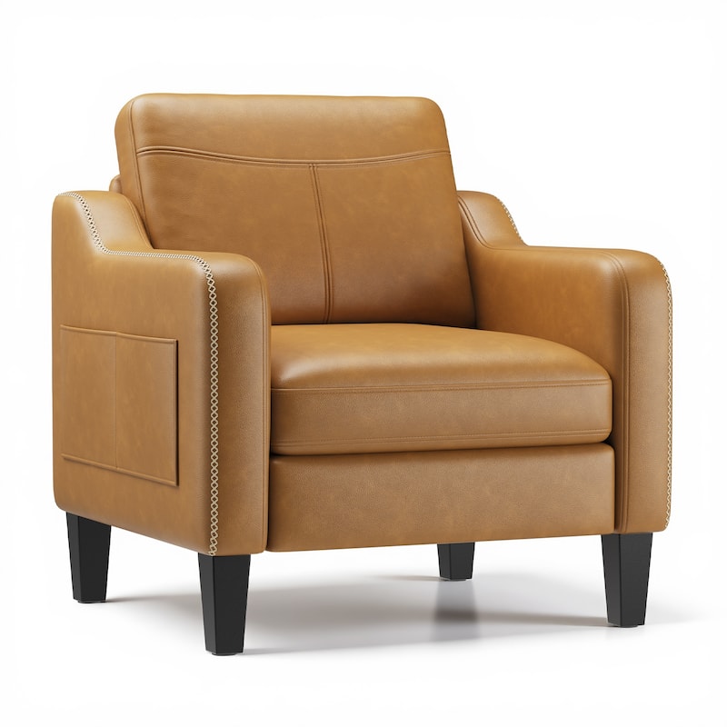 Modern Accent Chair PU Leather Mid-Century Design Removable Cushions Living Room - Brown