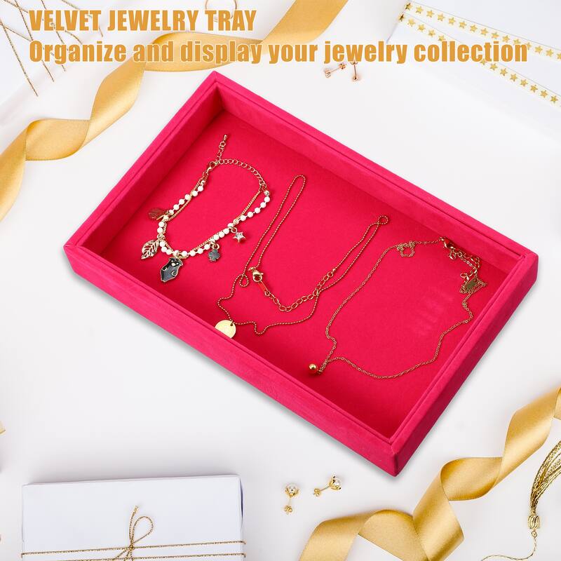 Velvet Jewelry Tray Stackable Tray for Rings Earrings Necklace Bracelet - Rose Red