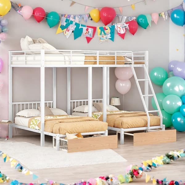 slide 2 of 9, Full Over Twin & Twin Triple Bunk Bed With Drawers and Guardrails for Bedroom White