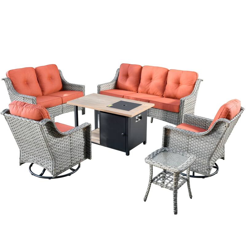 XIZZI 6-piece Outdoor High-back Furniture Swivel Chair Set with Fire Pit