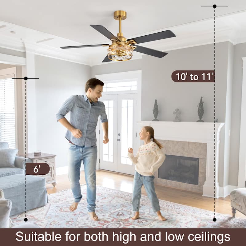 52" Reversible 5-Blade Farmhouse Glam Floral Glass Caged Ceiling Fan with Light and Remote