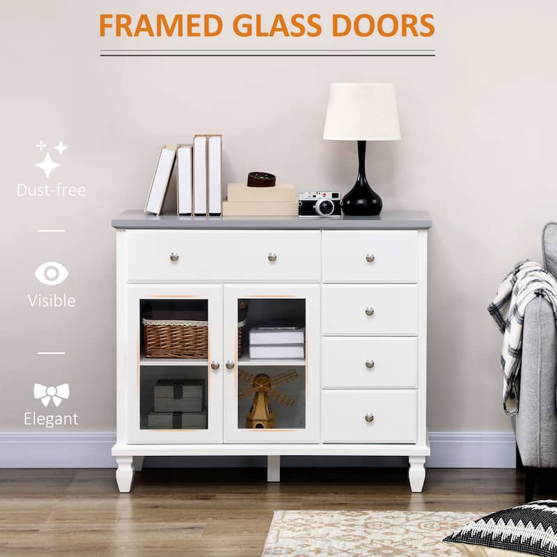 HOMCOM Kitchen Sideboard, Buffet Cabinet with 5 Storage Drawers and Double Glass Door Cupboard for Living Room, White