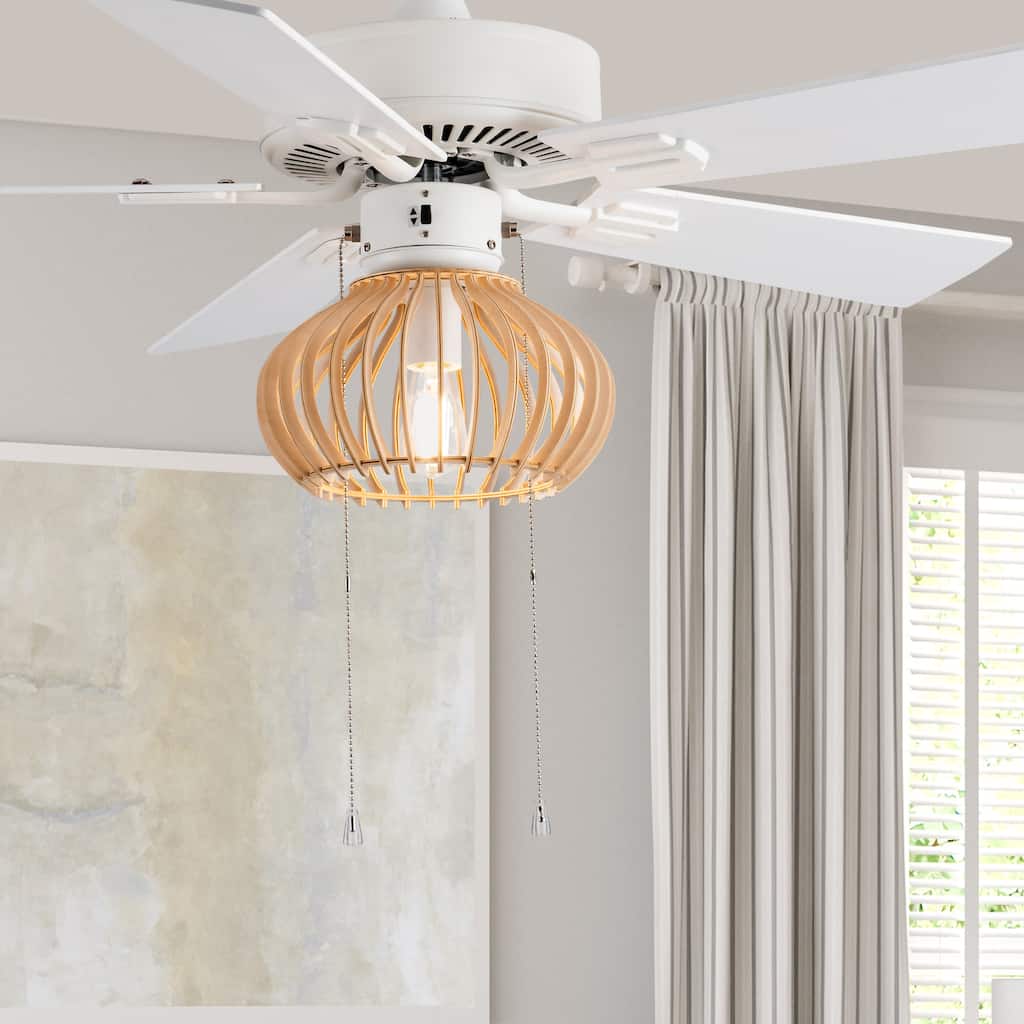 Avalon River of Goods White and Tan Wood Caged Ceiling Fan with Light - 42" x 42" x 15"/20"