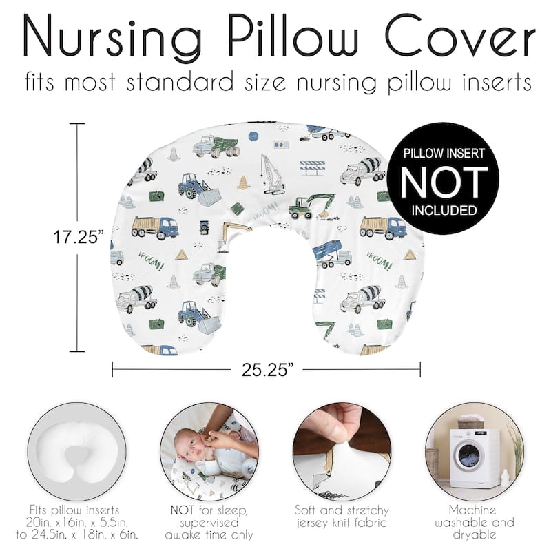 Sweet Jojo Designs Construction Truck Boy Nursing Breastfeeding Pillow Cover Case Pillow Not Included- Blue Green Transportation