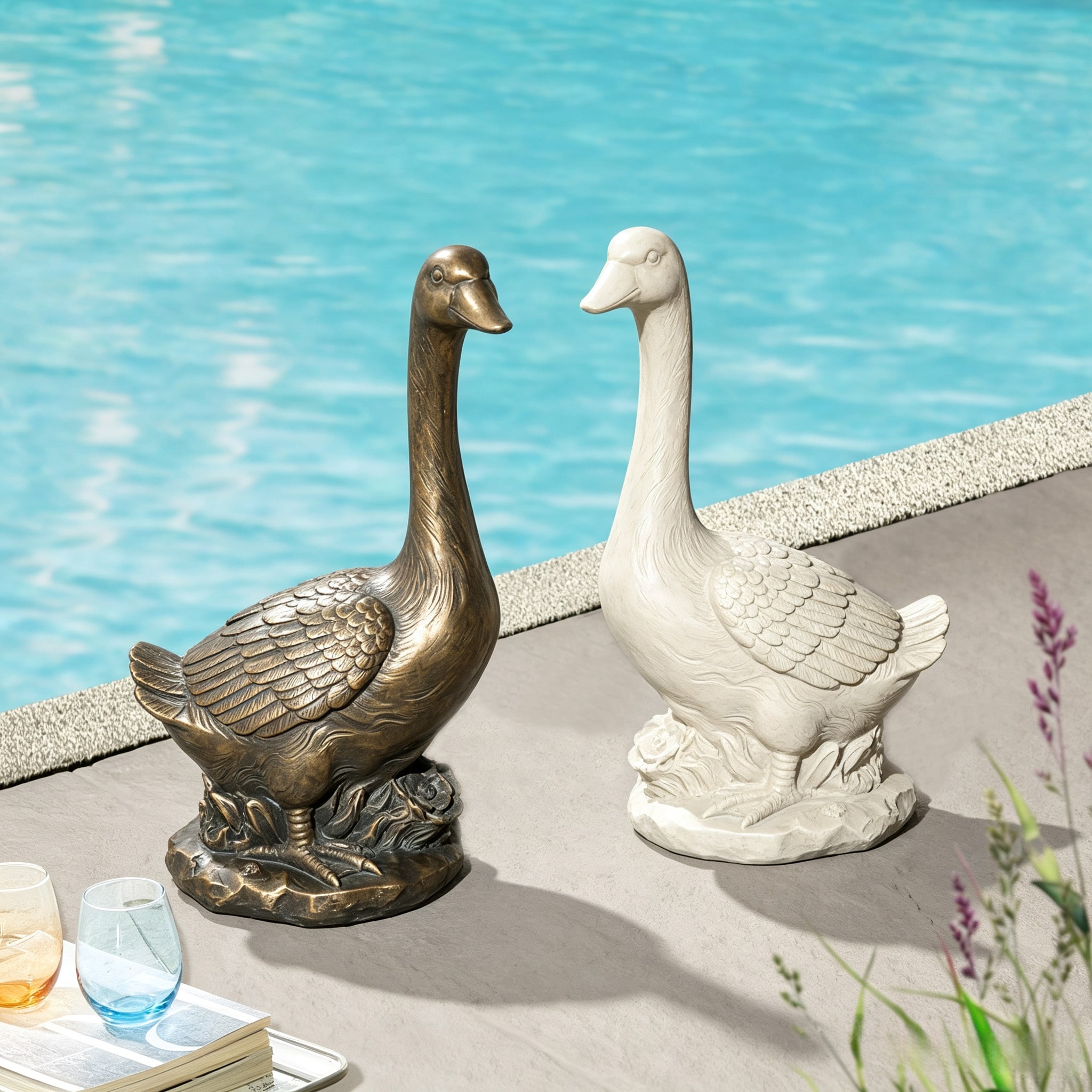 Glitzhome 20"H MGO Faux Bronze / White Goose Garden Statue