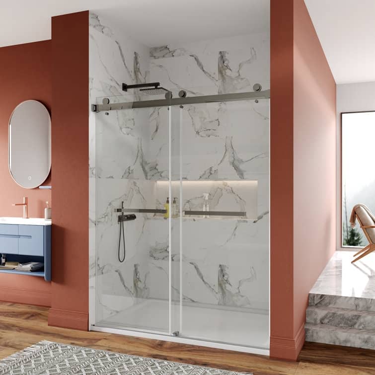 DeerValley 56" - 60" W x 76" H Double Sliding Frameless Shower Enclosure, Stainless Steel Accessories
