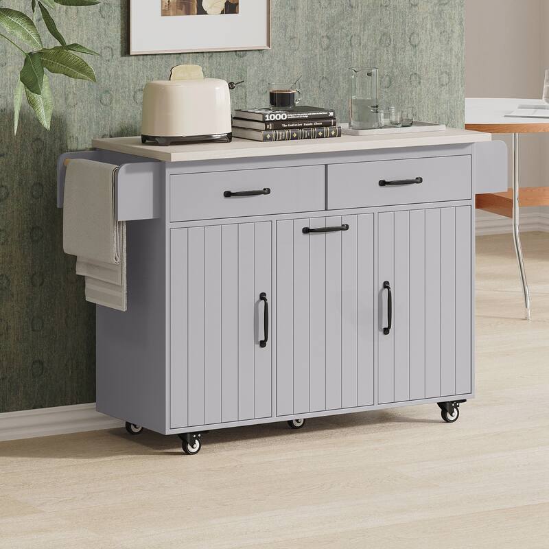 Kitchen Island with Trash Can Storage Cabinet, Kitchen Cart with Drop Leaf, Spice Rack