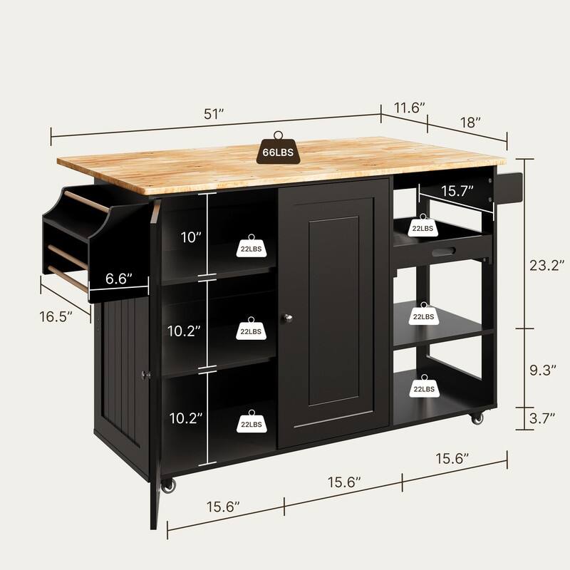 Kitchen Island Cart, Kitchen Island Rolling Trolley Cart with Adjustable Storage Cabinet