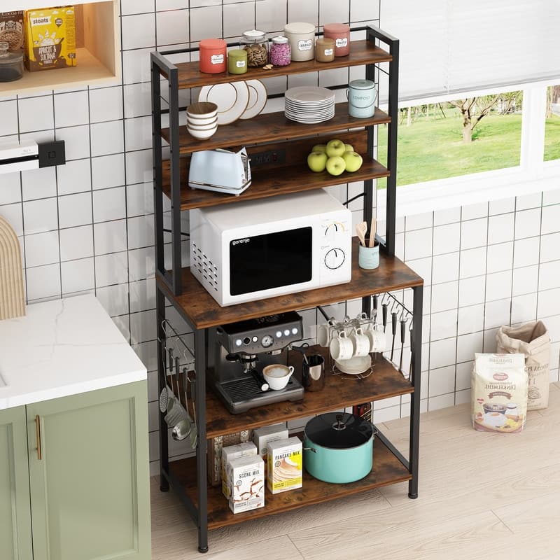 6 Layers Vintage Kitchen Baker's Rack with 10 S Hooks and Outlets