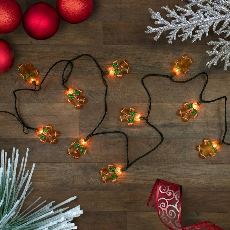 10ct Gingerbread Man Christmas Lights, Clear Lights, Green Wire