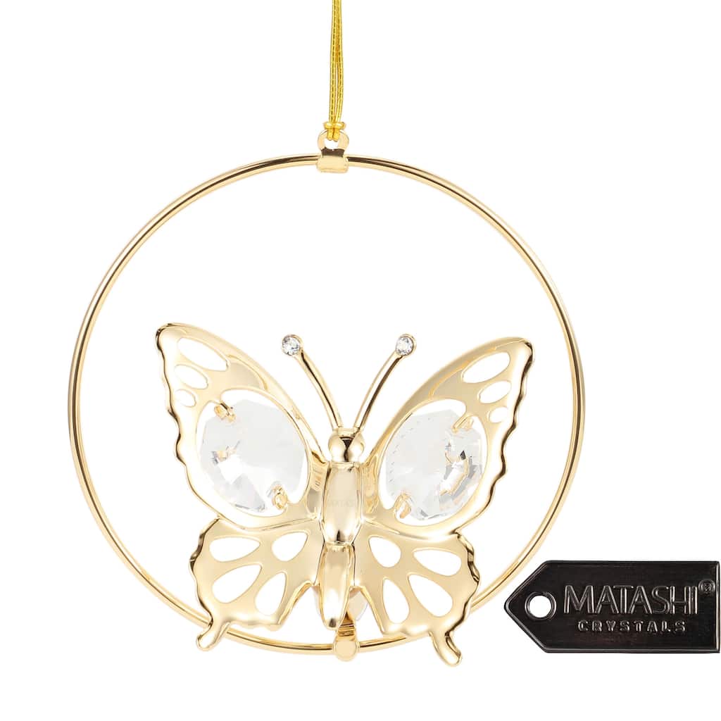 24K Gold Plated Butterfly Circle Crystal Studded Hanging Ornament by Matashi
