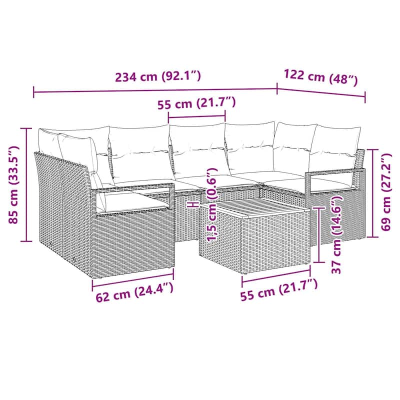 vidaXL 7 Garden Sofa Set with Cushions Black/Grey Poly Rattan - 92.1 x 48 x 27.2