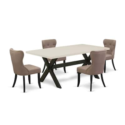 Vintage 5-Piece Wood Dining Set - Linen Fabric Chairs & Table - Kitchen Dining Room Set - 72