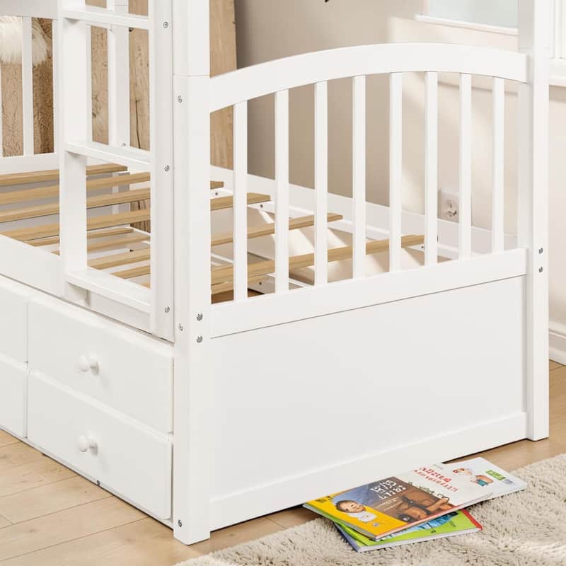 Twin Over Twin Bunk Bed with Trundle and 3 Drawers, Wooden Bunk Bed with Ladder and Safety Rails, Space Saving