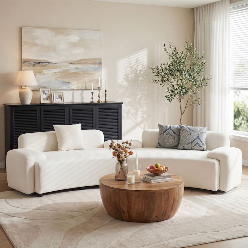 Christopher Knight Home - Lunaria 122" Modern Upholstered Curved Sofa with 2 Damask Pattern Pillows