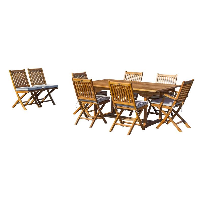 Chic Teak 9 Piece Teak Wood Santa Barbara Patio Dining Set w/ Rectangular Extension Table, 8 Folding Arm and Side Chairs