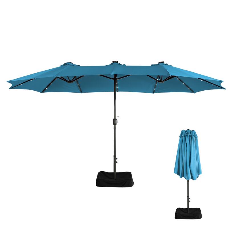 Clihome 15FT Double-Sided Solar Light Market Crank Umbrella with Base
