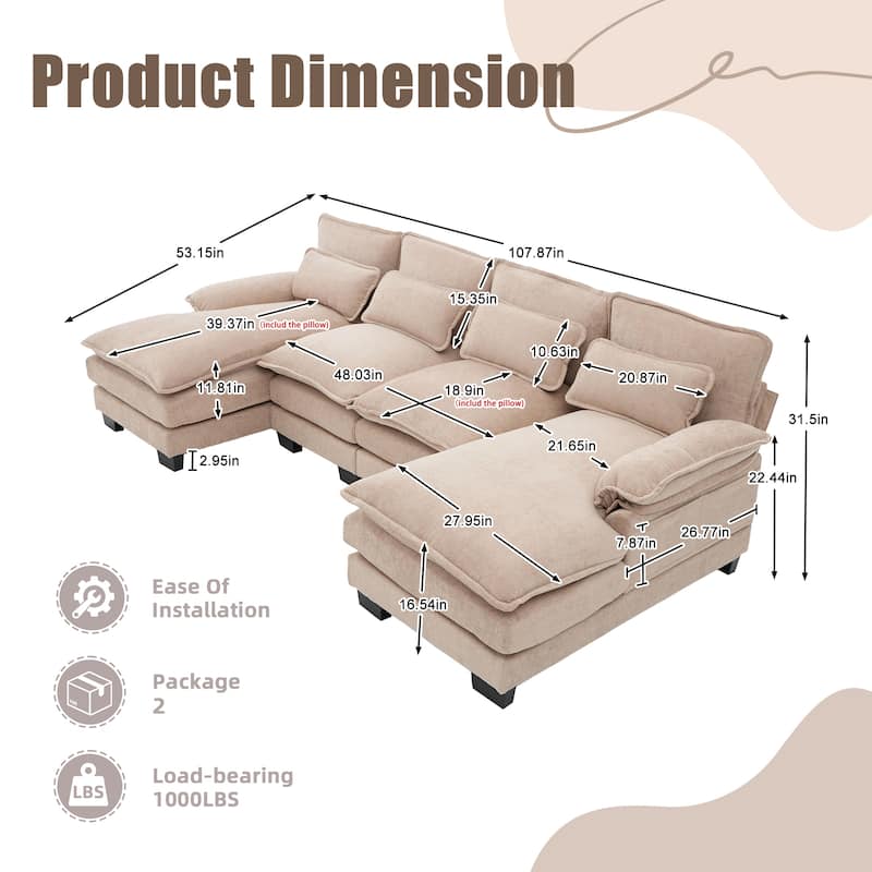 HOMEFUN Chenille Upholstered U-Shaped Modular Wood Frame Sleeper Sectional Sofa with Double Chaise