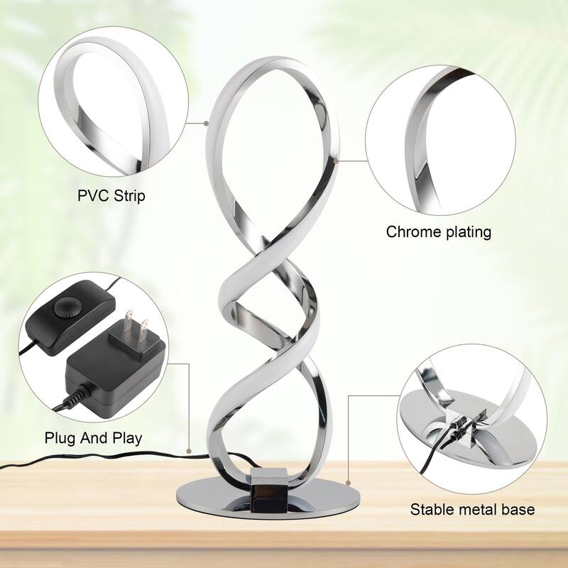 LED Modern Table Lamp, Small Unique Bedside Spiral Lamp Stepless Dimmable Silver Nightstand 12W, 3200K Warm White Desk Lamp