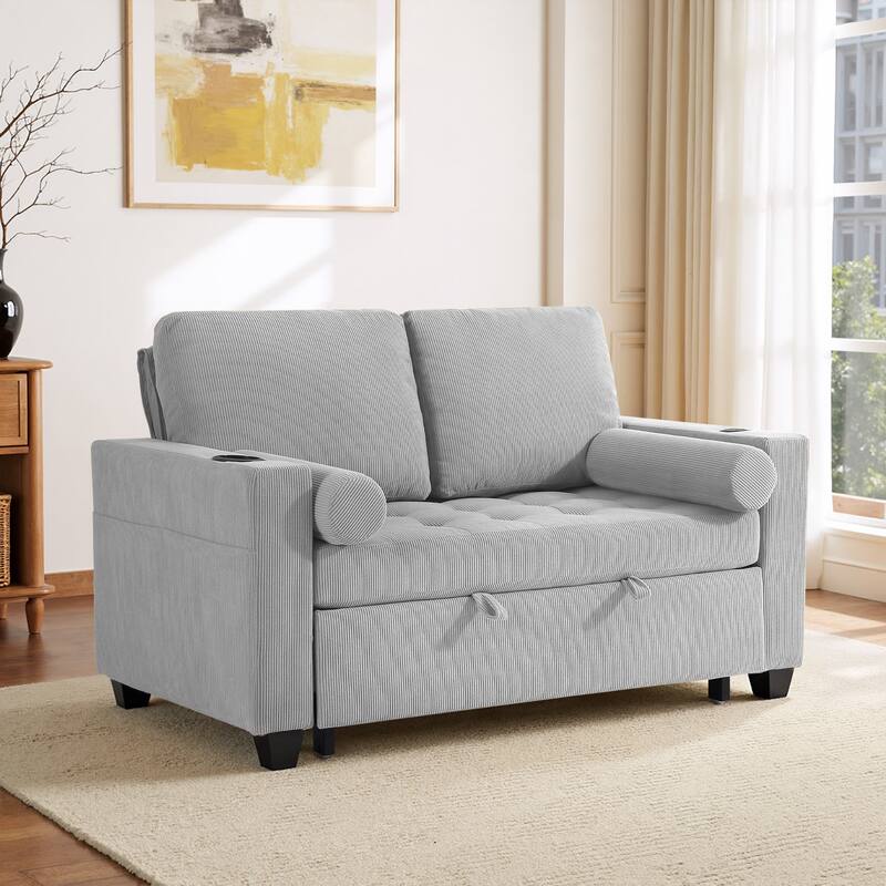 Corduroy Convertible Loveseat Sofa Bed Recliner with Cup Holder, USB Ports & Storage - Grey